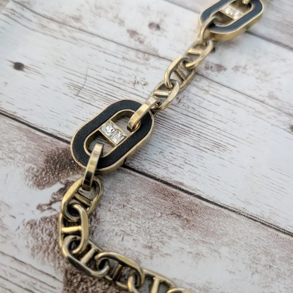Ann Taylor Necklace Black, Gold Tone, Rhinestone Chunky Long Statement